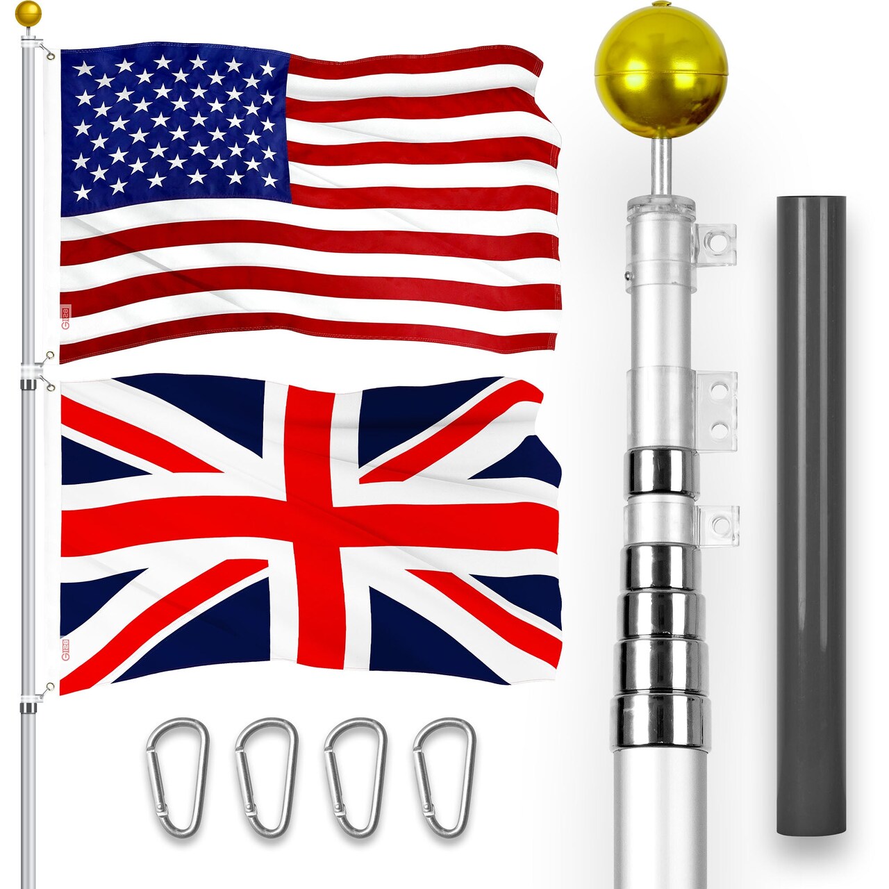G128 Combo Pack: 25 Ft Telescoping Aluminum Flagpole (Silver) & American and United Kingdom Flags 3x5 Ft, Both ToughWeave Series Embroidered Polyester | Pole with Flags Included